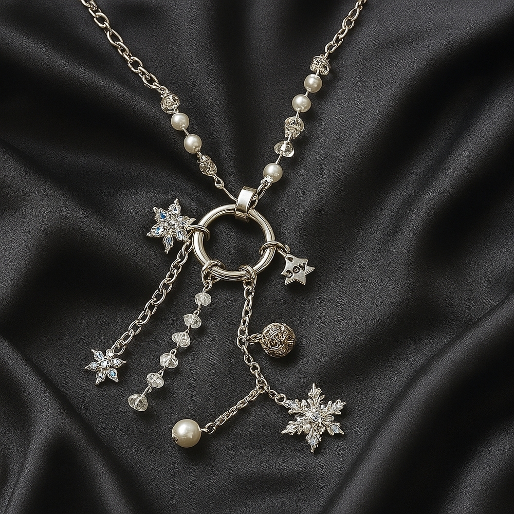 Silver Holiday Charm Necklace – Snowflake, Pearl & Joy Tree on Layered Beaded